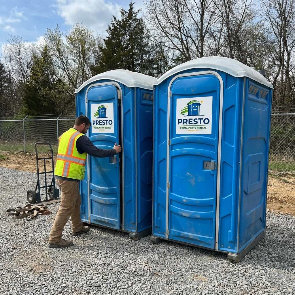 Presto Porta Potty Rental Mobile portable toilet units on a construction site