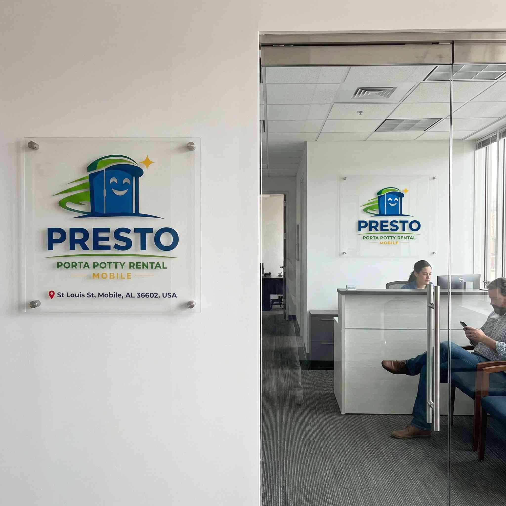 Presto Porta Potty Rental Mobile office lobby and signage