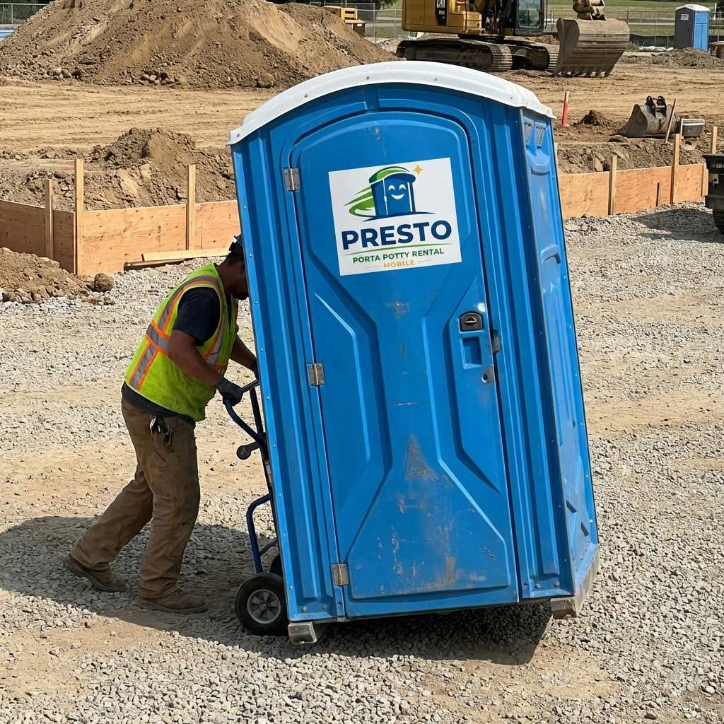 Presto Porta Potty Rental Mobile worker delivering unit on site
